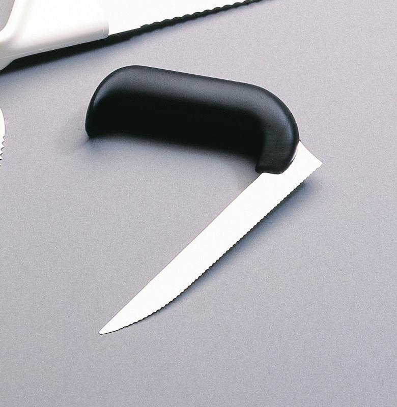 Terän reuna on matalammalla kuin kahva, jotta vältetään käden kosketusta ruokaan. Etac Relieve pystykahvainen yleisveitsi Terä on riittävän pitkä ruoan ja leivän leikkaamiseen.