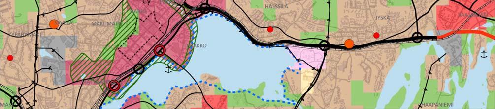 Kartta 1/7, Yhdyskuntarakenteen ohjaus: Jyväskylän kaupungin yleiskaavassa (1/7 yhdyskuntarakenteen ohjaus) suunnittelualue on kestävän