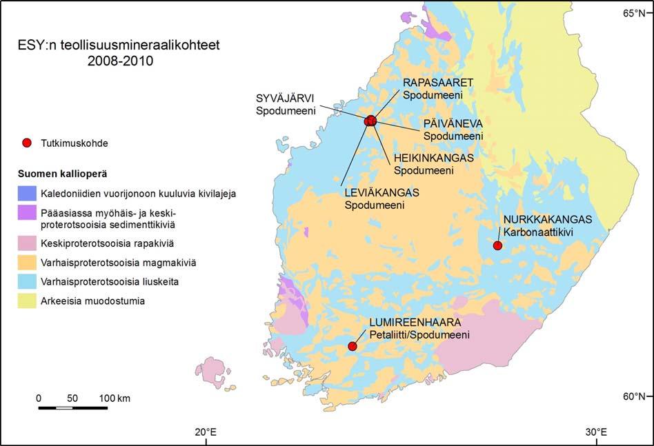 Hanke 2551007 Loppuraportti 8 Kuva 3. Teollisuusmineraalivarojen kartoitus-hankkeen Etelä-Suomen yksikön tutkimuskohteet vuosina 2008-2010. 3.1.1 Li-pegmatiitit Pääosa Etelä-Suomen yksikön teollisuusmineraalivarojen kartoitus-hankkeen 2008-2010 resursseista keskitettiin Kaustisen ja Kokkolan alueen litiumpegmatiitteihin.
