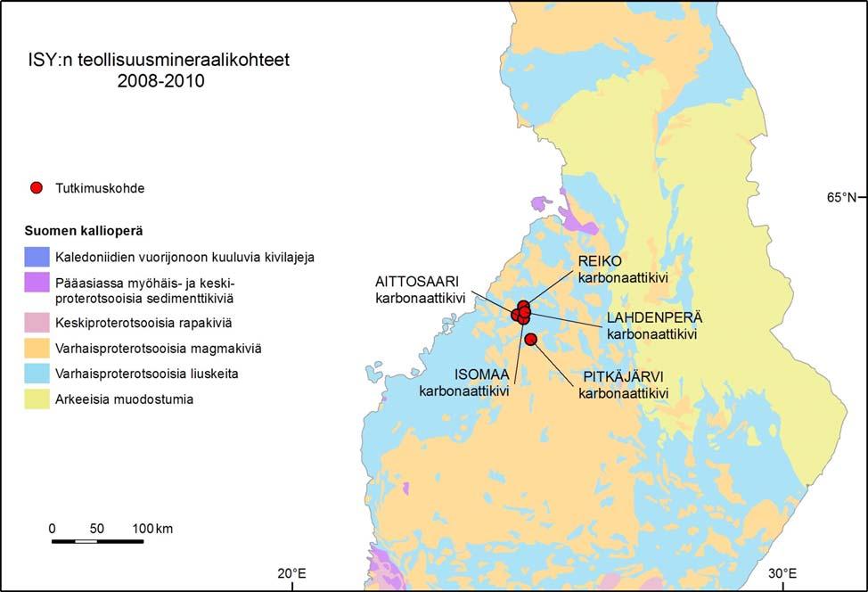 Hanke 2551007 Loppuraportti 17 3.3 Itä-Suomen yksikkö (ISY) Vuosina 2008-2010 ISY:ssä keskityttiin lähinnä karbonaattikivitutkimuksiin Sievissä ja Reisjärvellä. Tutkimuskohteet on esitetty kuvassa 5.
