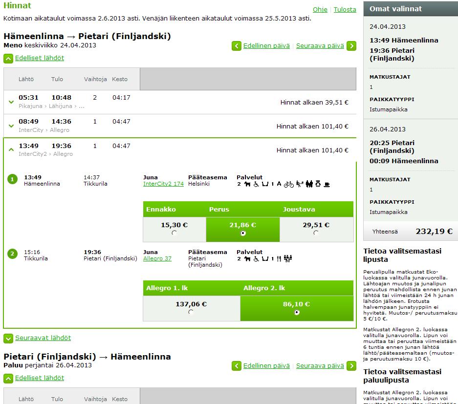 Meno- ja paluumatkan aikataulut ja hinnat näkyvät samalla sivulla HUOM.