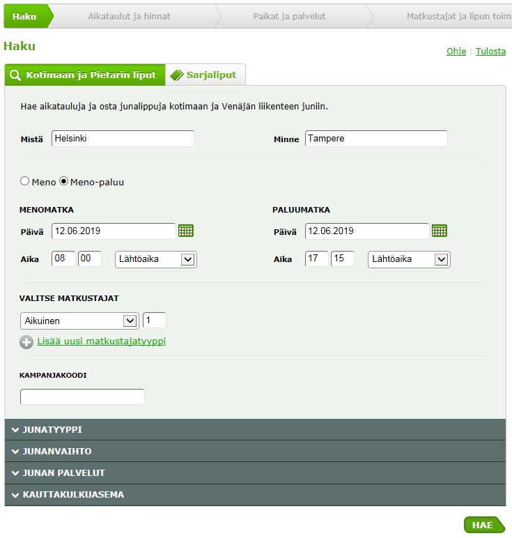 2.1 Kotimaan liput Syötä reitti, päivämäärät ja kellonajat (lähtöaika tai saapumisaika perille) Tarkista ja vaihda tarvittaessa matkustajien lukumäärä Alennushinta- ja matkustajatyypit löydät