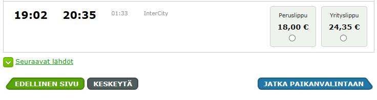 Juna- ja hintavalinnan jälkeen siirry eteenpäin Jatka paikanvalintaan painikkeella Paikat ja palvelut -osiossa