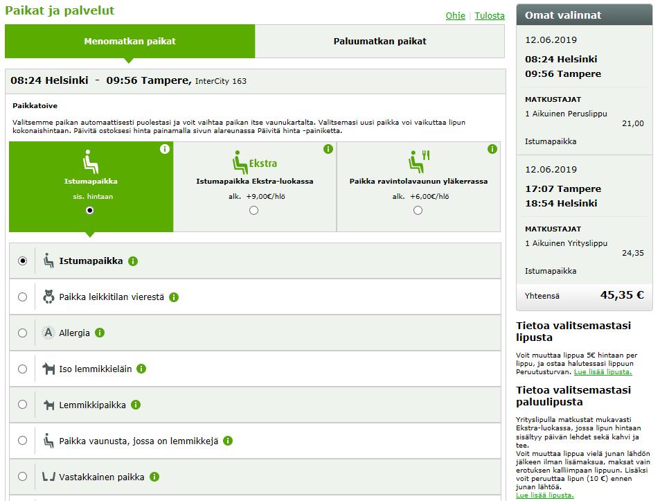 Lisämaksusta voit valita paikan Ekstra-luokassa tai junatyypistä riippuen ravintolavaunun yläkerrassa.