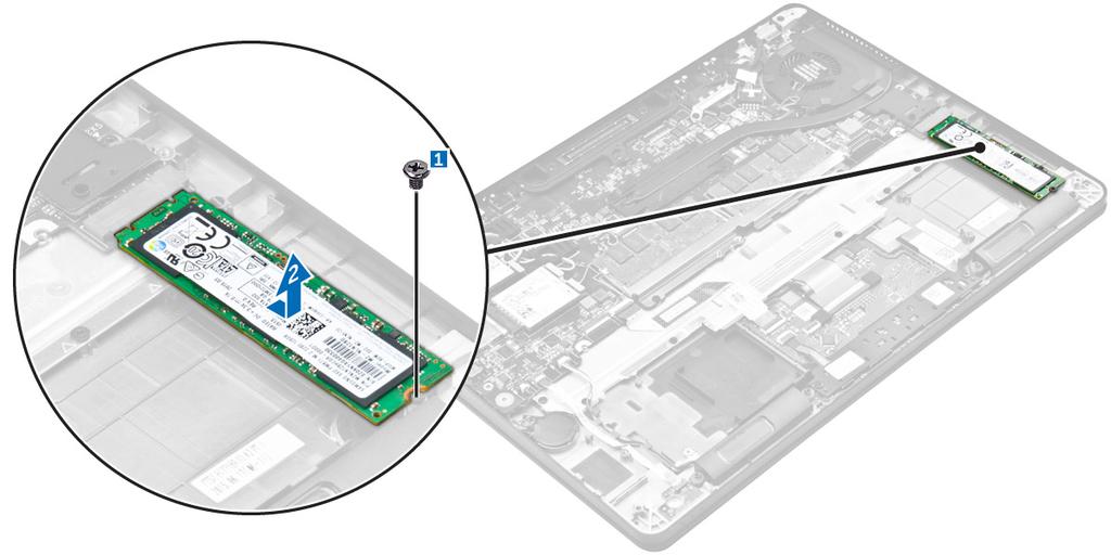 SSD-aseman asentaminen 1. Aseta Solid State Drive (SSD) -asema emolevyn liittimeen. 2. Kiristä ruuvit SSD-aseman kiinnittämiseksi tietokoneeseen. 3. Asenna seuraavat: a. Akku b. Rungon suojus 4.