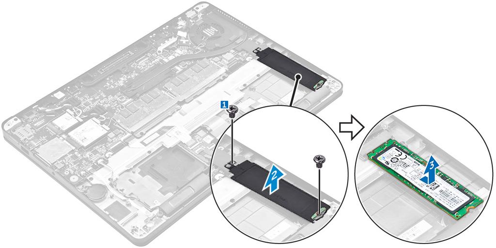 Valinnaisen PCIe SSD -aseman asentaminen 1. Aseta SSD emolevyn liitäntään. 2. Aseta SSD-aseman kiinnike SSD-aseman päälle ja kiinnitä se tietokoneeseen kiristämällä ruuvit. 3. Asenna seuraavat: a.