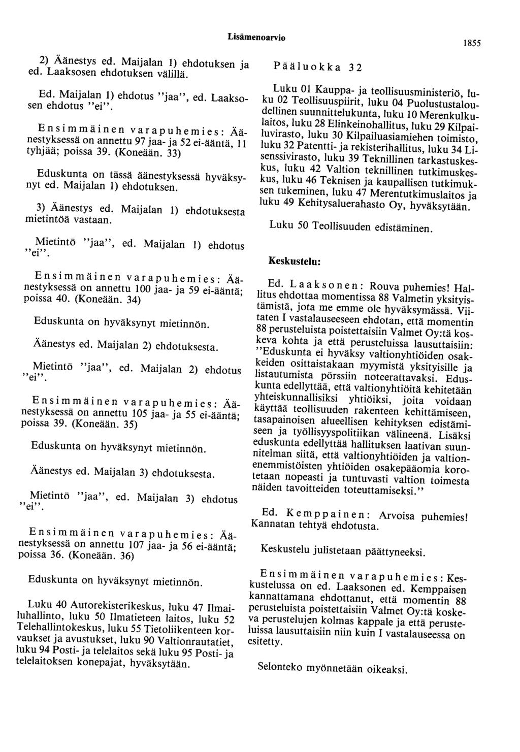 Lisämenoarvio 1855 2) Äänestys ed. Maijalan I) ehdotuksen ja ed. Laaksosen ehdotuksen välillä. Ed. Maijalan 1) ehdotus "jaa", ed.