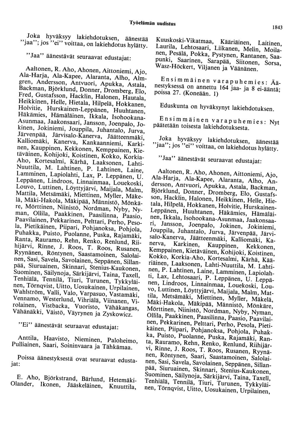Työelämän uudistus 1843 Joka hyväksyy lakiehdotuksen, äänestää "jaa"; jos "ei" voittaa, on lakiehdotus hylätty. "Jaa" äänestävät seuraavat edustajat: Aaltonen, R.