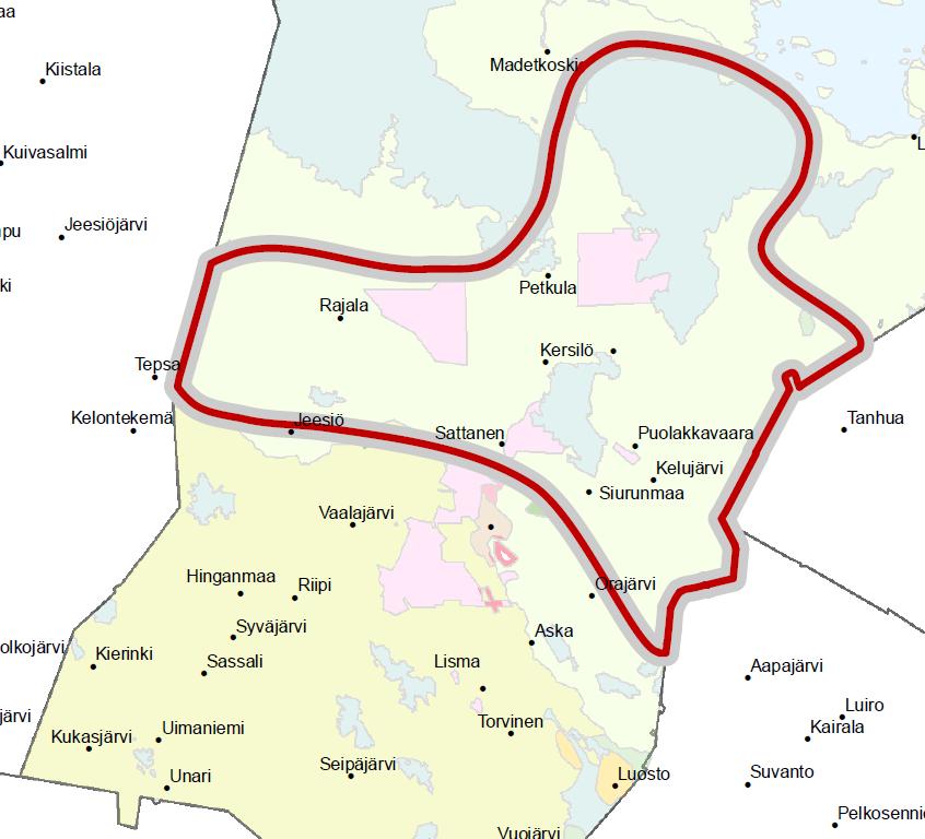 Kaivostoiminnan kehittämisen vyöhyke Kaivostoiminnan kehittämisenvyöhykkeen laajuus ja rajautuminen luonnonsuojelualueille Kehittämisperiaatemerkinnällä osoitettu kaivostoiminnan kehittämisen vyöhyke