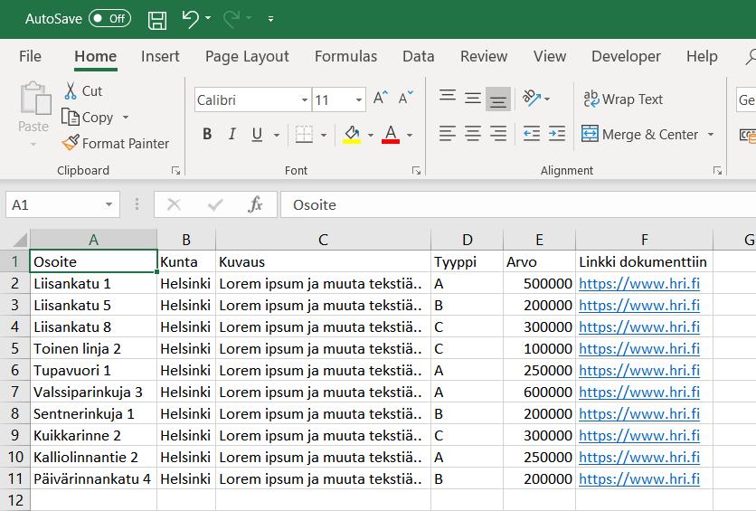 Voidaan käyttää mitä tahansa Excel-taulukkoa, josta löytyy Osoite ja Kunta omina sarakkeinaan.