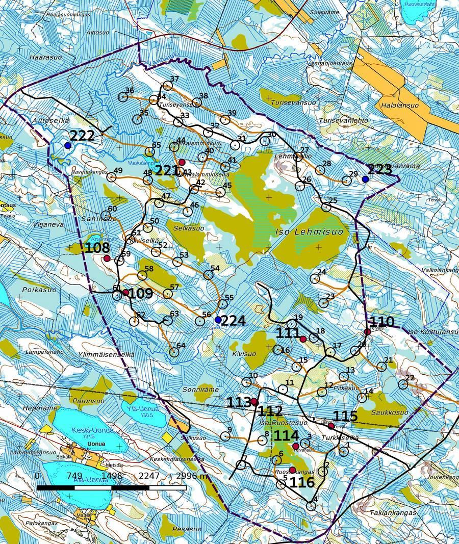 19 Yleiskartta kohteet: Kartta 7. Kohteet. Vuoden 2017 kohteet 108 116 ja vuoden 2014 kohde 221 punaisena, vuoden 2018 kohteet 222 224 sinisenä.