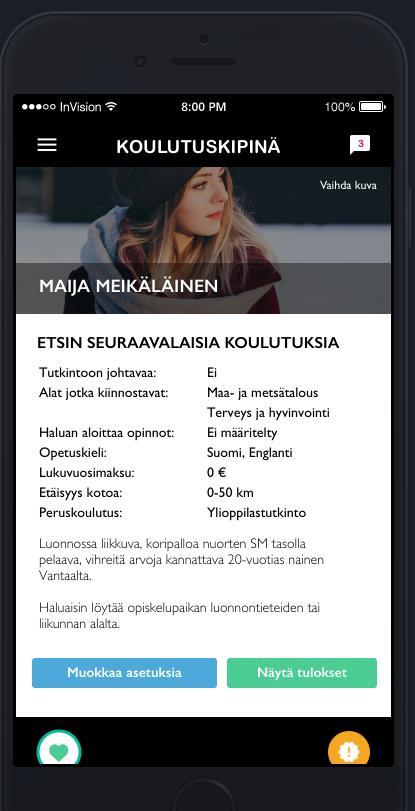 Opintopolku mukana osaamisen polullasi mobiili, helppokäyttöinen palvelu elinikäisen oppijan tukena muuttuvissa elämäntilanteissa ja elämäntapahtumissa ehdottaa profiilin tietoihin,