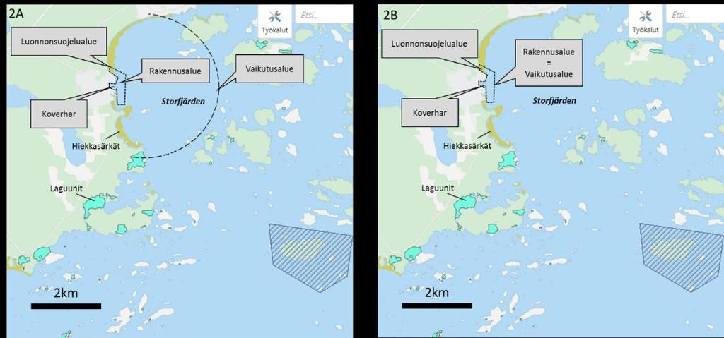 Yhteensä uutta väyläaluetta syntyy noin 27 ha. Ruopattavia massoja kertyy sataman pohjoispuolelta yhteensä 31 000 m 3 ktr 21000 m 2 alueelta ja vesialuetta täytetään noin 28000 m 2 (265000 m 3 ktr).
