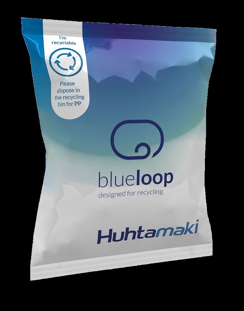 Huhtamaki blueloop kierrätysvalmis joustopakkaus Rakenne yhdestä polymeeriperheestä Vähintään 90 % yleisesti käytettyjä muoveja, kuten PE,