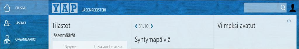 Avausnäkymä kirjautumisen jälkeen Näkymässä on jäsenmäärä ja liittyneiden määrä vuoden alusta.