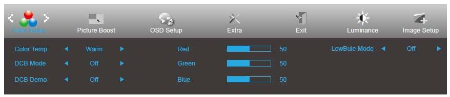 Color Setup (Väriasetus) 1. Näytä valikko painamalla MENU. 2. Paina painiketta tai valitaksesi (Color Setup (väriasetus)) ja siirry toimintoon painamalla -painiketta. 3. Valitse alivalikko painamalla.