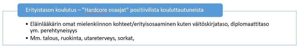 3. Hardcore TH-tekijät, isojen tilojen TH-eläinlääkärit (n. 50) Tuotantosuunnan erityisosaaja, toimii yhteistyössä hoitavan eläinlääkärin (mahd.