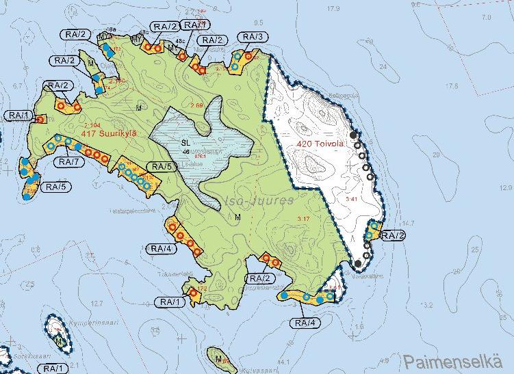 Kuva 5. Ote Sysmän Päijänteen ranta-alueiden osayleiskaavan muutoksesta. Suunnittelualueen Iso-Juures- saaren osat on rajattu likimääräisesti punaisella viivalla. Kuva 6.