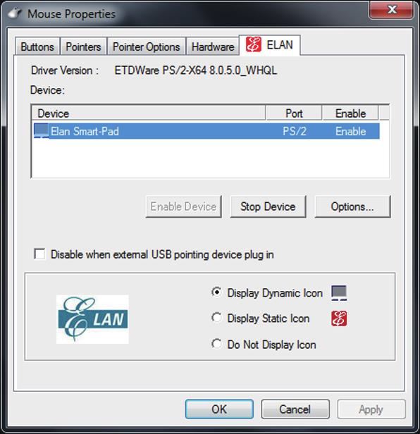 2. Napsauta laitteen päällä sijaitsevaa ELAN-painiketta ja sitten Disable when internal USB pointing device plug in (Ota pois käytöstä,