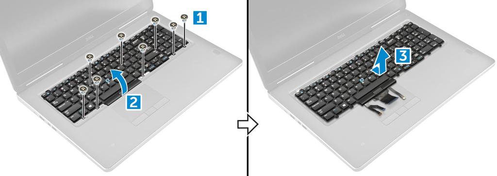 a Irrota M2.0x2.5-ruuvit, joilla näppäimistö kiinnittyy tietokoneeseen [1]. b Nosta ja liu uta näppäimistöä sen irrottamiseksi tietokoneesta [2, 3].