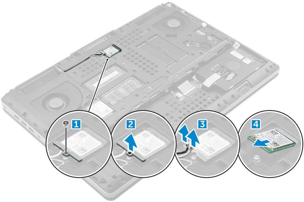 WLAN-kortin asentaminen 1 Aseta WLAN-kortti paikalleen tietokoneeseen. 2 Reititä antennikaapelit reitityskanavan läpi ja liitä ne WLAN-korttiin.