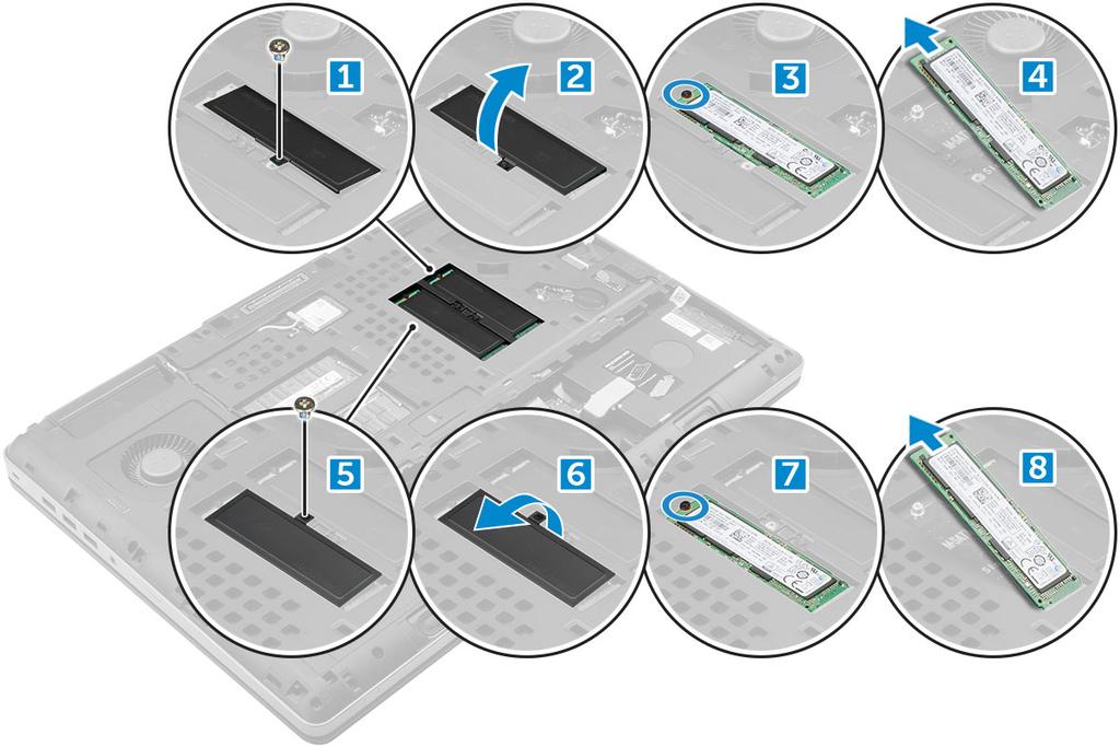 M.2-SSD-aseman moduulin asentaminen 1 Aseta SSD-asema paikoilleen. 2 Asenna ruuvi (M2.0x3.0), jolla SSD-asema kiinnittyy tietokoneeseen. 3 Aseta lämpölevy SSD-aseman päälle. 4 Asenna ruuvi (M2.0x3.0), jolla lämpölevy kiinnittyy tietokoneeseen.