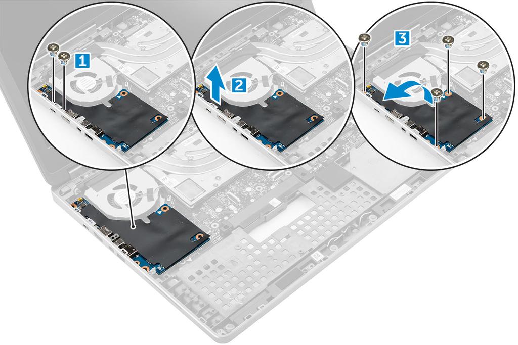 3 I/O-kortin irrottaminen: a Irrota M2,5 x 5,0 -ruuvit, joilla Thunderbolt-kiinnike on kiinnitetty tietokoneeseen [1]. b Nosta kiinnike Thunderbolt-liittimestä [2]. c Irrota ruuvit (M2.5x5.