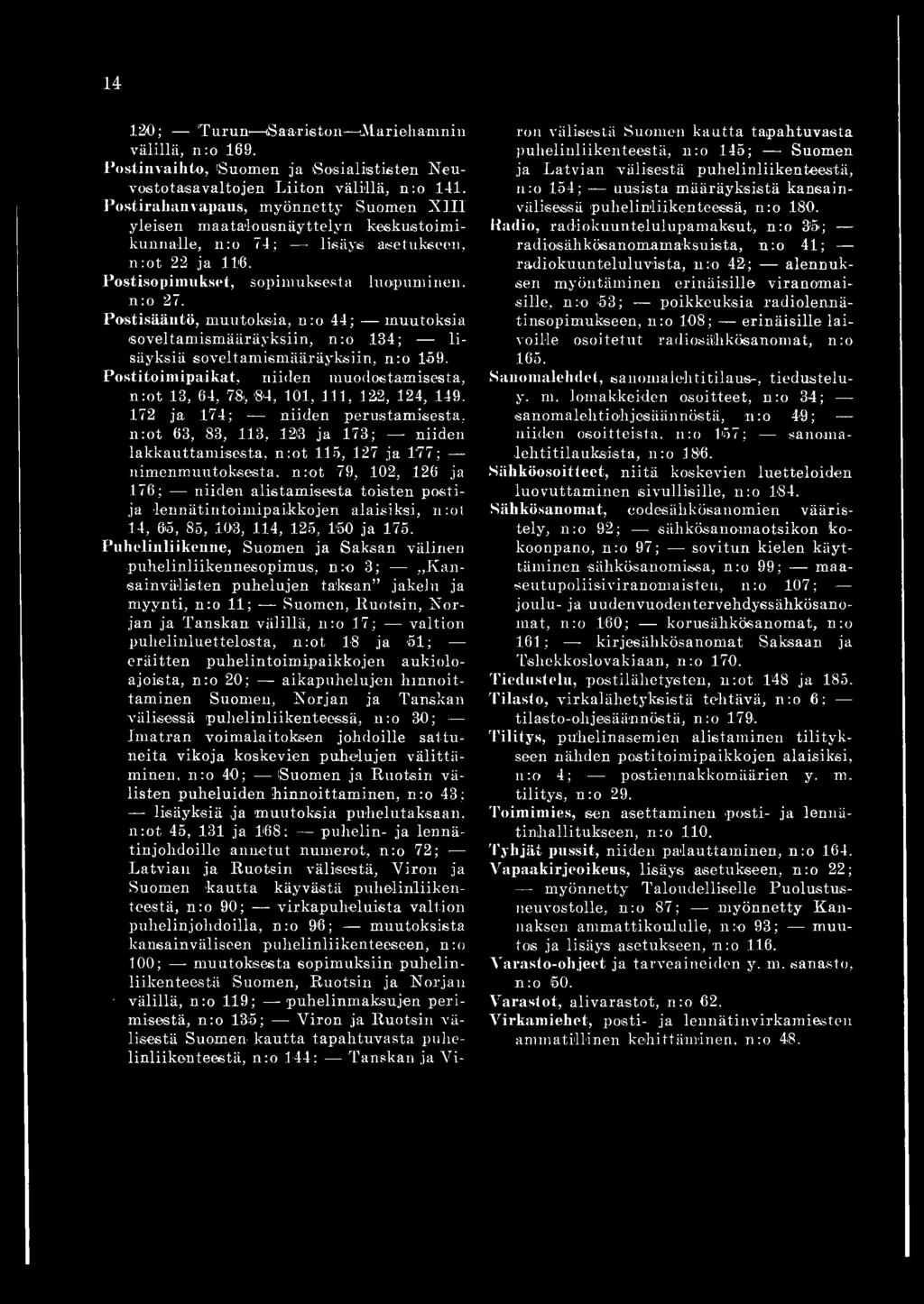 Postisääntö, muutoksia, n:o 44; muutoksia soveltamismääräyksiin, n:o 134; lisäyksiä soveltamismääräyksiin, n:o 159.