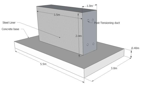 Mock-up seinän suunnittelu 3,5 x 1,0 x 2,0 m3 Seinä Tiheästi raudoitettu betonirakenne (paksuseinäinen) Teräslevy (6mm) Esijännitysputket ja