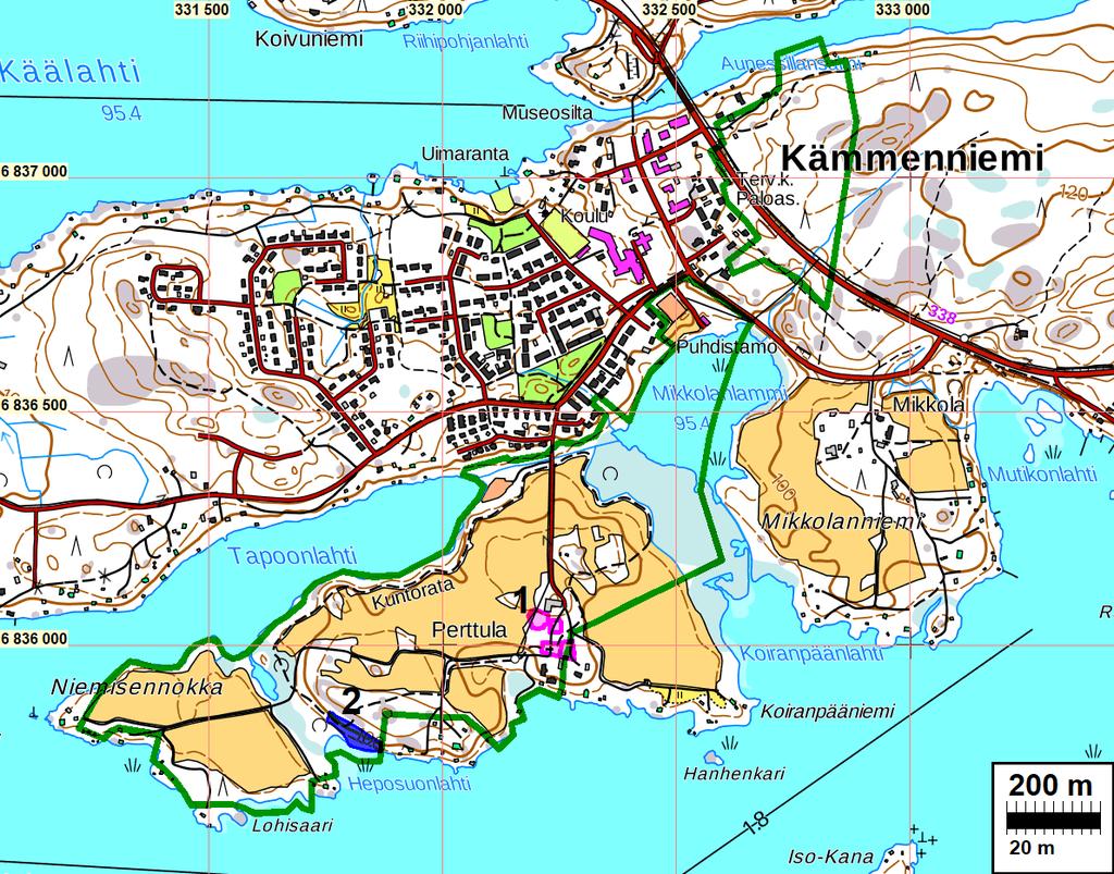 Yleiskartta Tutkimusalue ja tulos. Vihreä viiva = Tutkimusalueen raja Vaaleanpunainen = Historiallisen ajan kylätontti Kämmenniemi (1). Mahdollinen muinaisjäännös.