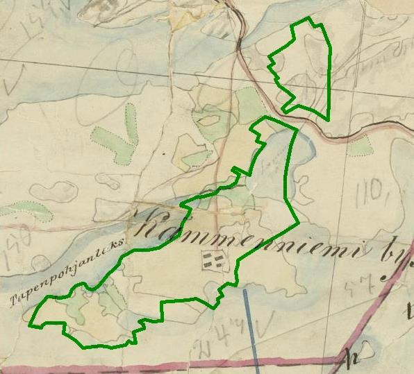 Ote pitäjänkartasta vuodelta 1840 (2124 10 Teisko). Tutkimusalue vihreällä.