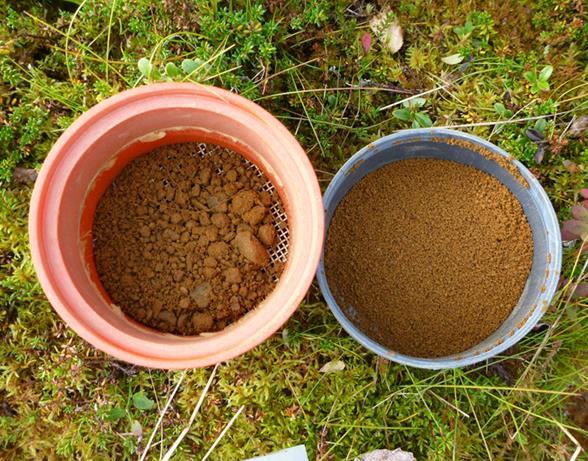 Oikealla hiekkaisempi moreeniaines, joka tulee kohtalaisen hyvin läpi <2 mm:n seulasta, vaikka tässäkin tapauksessa aines hivenen paakkuuntuu.