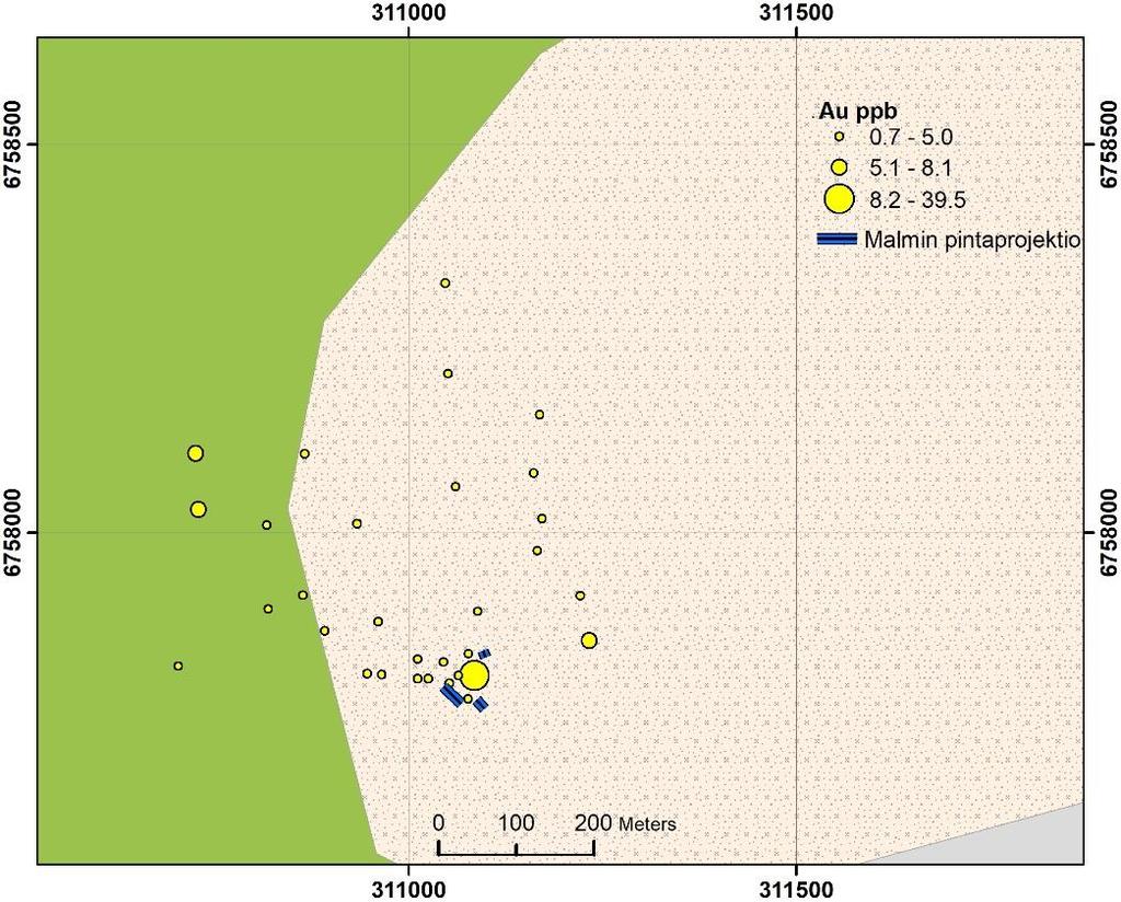 GEOLOGIAN TUTKIMUSKESKUS Hulkki ja Taivalkoski 72/2018 57 Kuva 50. GFAAS-menetelmällä analysoitujen näytteiden Au-pitoisuudet esitettynä DigiKPkartalla.