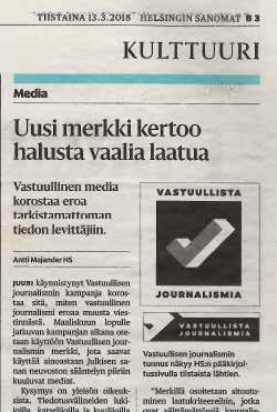15 Vastuullisen journalismin kampanja ja merkki Julkisen sanan neuvosto lanseerasi 12.3.