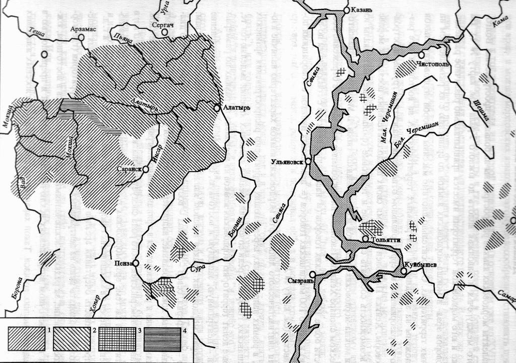 The geographical distribution of the Mordvinic languages in the