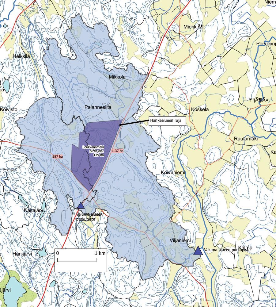 Kuva 37. VE4 Loukkaanmäen hankealue, valuma-alueiden jako ja valuma-alueiden purkupisteet. 3.15 Kasvillisuus ja luontotyypit Metsäkasvillisuuden aluejaossa hankealue sijoittuu eteläboreaaliselle vyöhykkeelle.