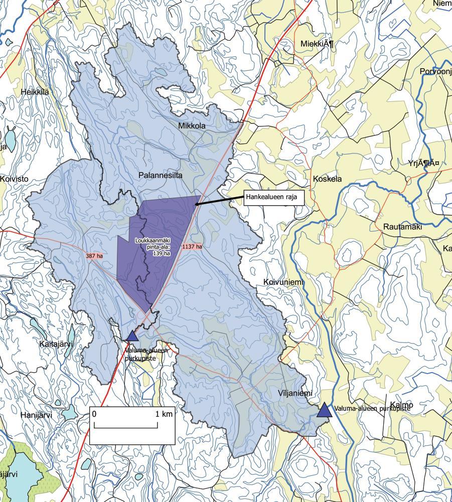 Kuva 37. VE4 Loukkaanmäen hankealue, valuma-alueiden jako ja valuma-alueiden purkupisteet. 3.15 Kasvillisuus ja luontotyypit Metsäkasvillisuuden aluejaossa hankealue sijoittuu eteläboreaaliselle vyöhykkeelle.