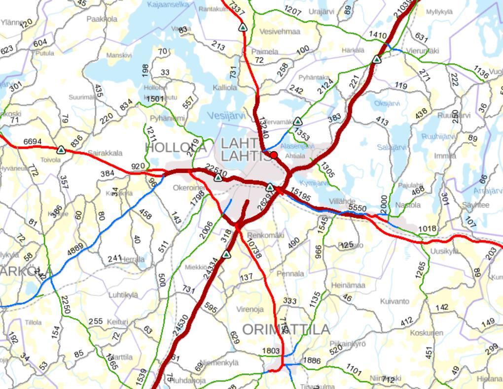 Kuva 14. Lahden seudun tieverkosto ja maanteiden liikennemäärät (Liikennevirasto, 2018a).