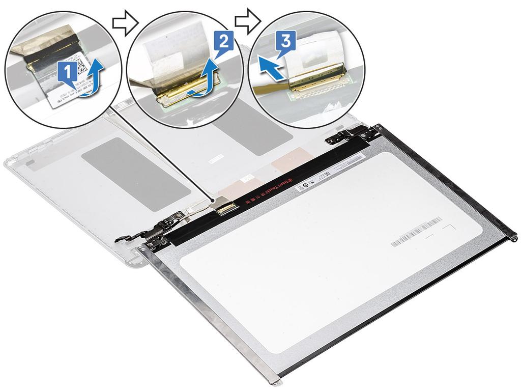 d Irrota teippi, jolla näyttökaapelin liitin kiinnittyy näyttöpaneeliin [1].