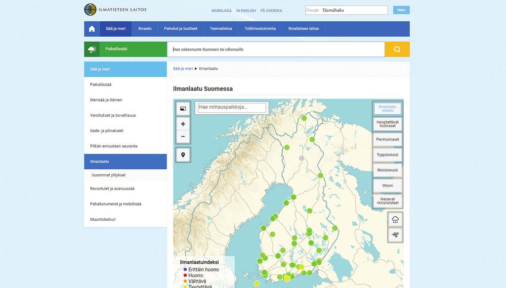 ILMASSA Ilmanlaatu hyvä koko vuoden 2016 Ilmatieteen laitos Ilmanlaadun raja-arvojen ylityksiä ei jäänyt Suomen ilmanlaadun seurantaverkoston haaviin vuonna 2016.
