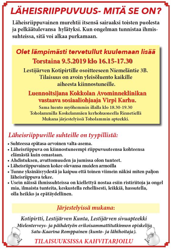 Ke 8.5 Sydänystävälliset lounaat Ritjan Keidas, Toholampi klo 10.00-14.00. Lounasravintola Rauhala, Kannus klo 10.30-14.00 Kotipirtti,Lestijärvellä klo 11.00-12.30 Ke 8.5. 18.