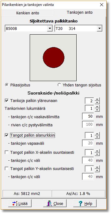 21 Kuva 14. Kenkien, ankkurointipulttien ja palkin päätankojen sijoitusikkunat 2. Kenkien sijoitus Kengät ja pultit sijoitetaan poikkileikkaukseen Lisää valinnalla.