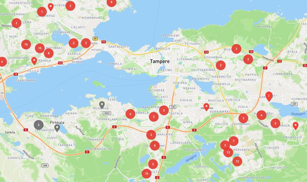 Perheasuntojen tarjonta Tampereella max 150 000 e vähintään 3 huonetta 154 myytävää asuntoa ei uudiskohteita ei keskusta-asuntoja (*