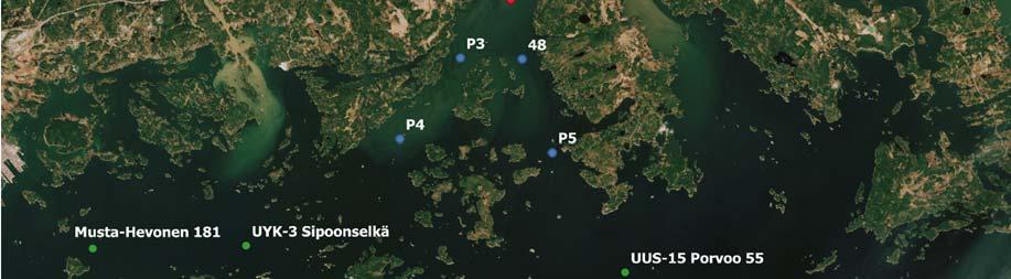 TARKKA-satelliittikuvassa näkyy jokivesien tuoman aineksen vaikutus veden samentumiseen Porvoon edustan merialueella 5.5.2018. Alkuperäiset kuvat: USGS/NASA Landsat Program, Prosessointi: SYKE.