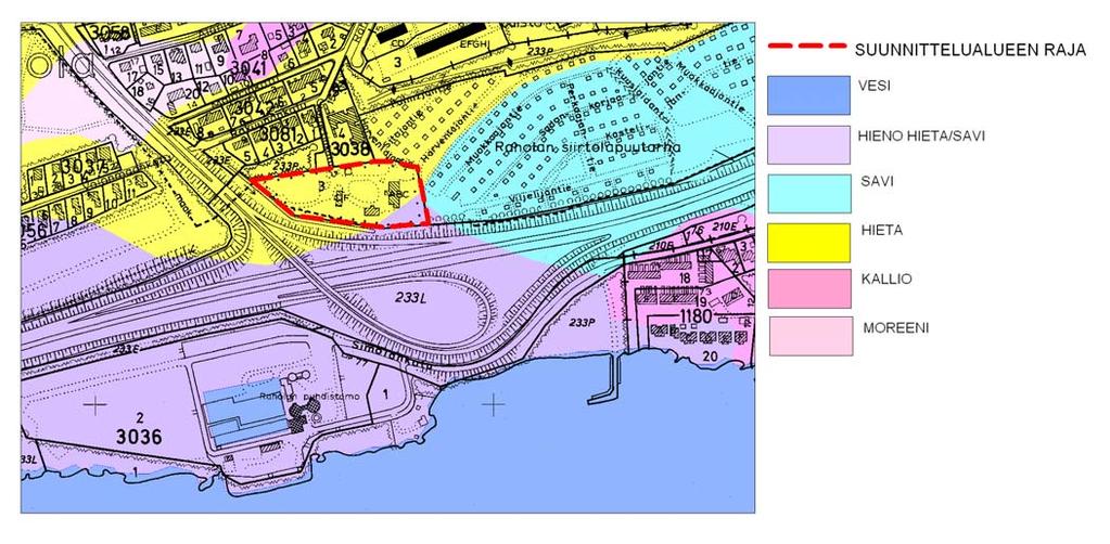 4 KALLIO- JA MAAPERÄ Suunnittelualueen kallioperä on kokonaisuudessaan suonigneissiä. Suonigneissi on seoskivilaji, jossa vuorottelevat vaaleat graniittisuonet ja tummat gneissiliuskeet.