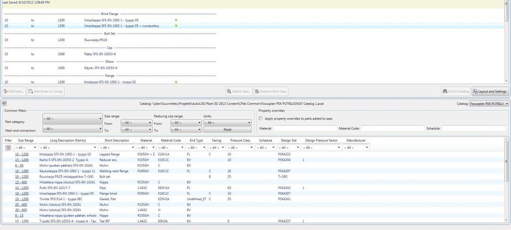 25 Kuva 13. Spec Editorin päänäkymä Osia voidaan lisätä putkiluokkaan valitsemalla se katalogista ja painamalla Add to Spec. Eri putkikoille voidaan asettaa oletusventtiilit.