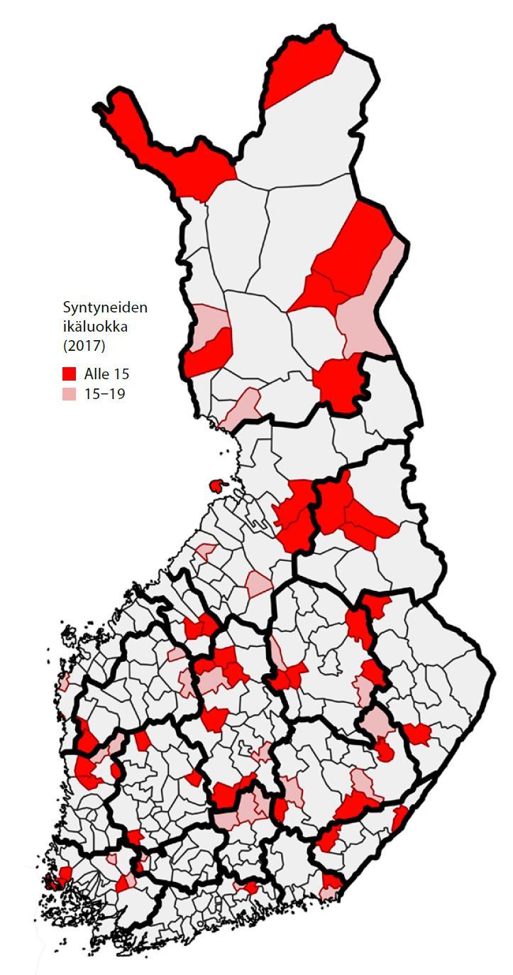 Väestönmuutos kunnittain 2012 2017 Kunnat, joissa syntyneen ikäluokan koko oli alle 15 lasta ja alle 20 lasta