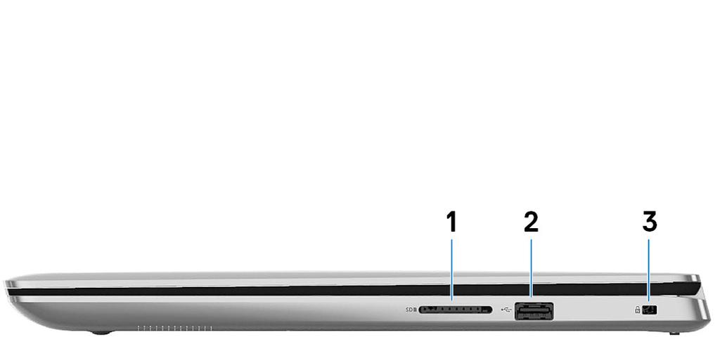 Inspiron 5582 -tietokone eri suunnista 3 Oikea 1 SD-korttipaikka Lukee SD-kortteja ja kirjoittaa niille. 2 USB 2.