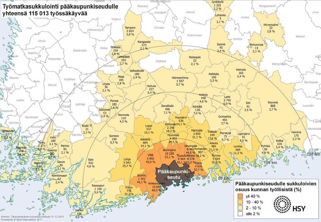 GRAAFI 4 Pääkaupunkiseudulle pendelöivien osuus (%) kunnan työllisistä vuonna 2015 Pääkaupunkiseudulle