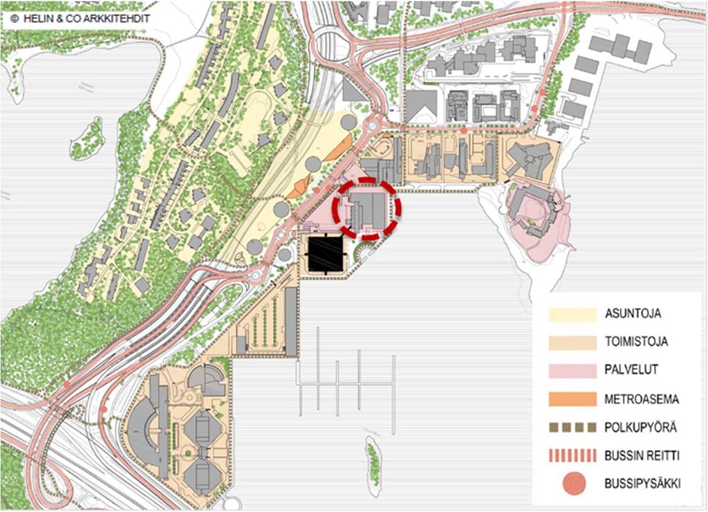 8 (20) Alla näkyvässä kuvassa on esitetty julkisen ja kevyen liikenteen reitit kohteen läheisyydessä. Linja autopysäkit sijaitsevat aivan metroaseman ja Fortum tornin edustalla.
